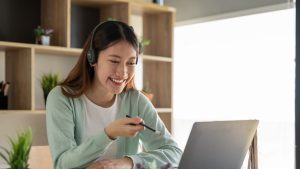 a remote worker enjoying her online training course .