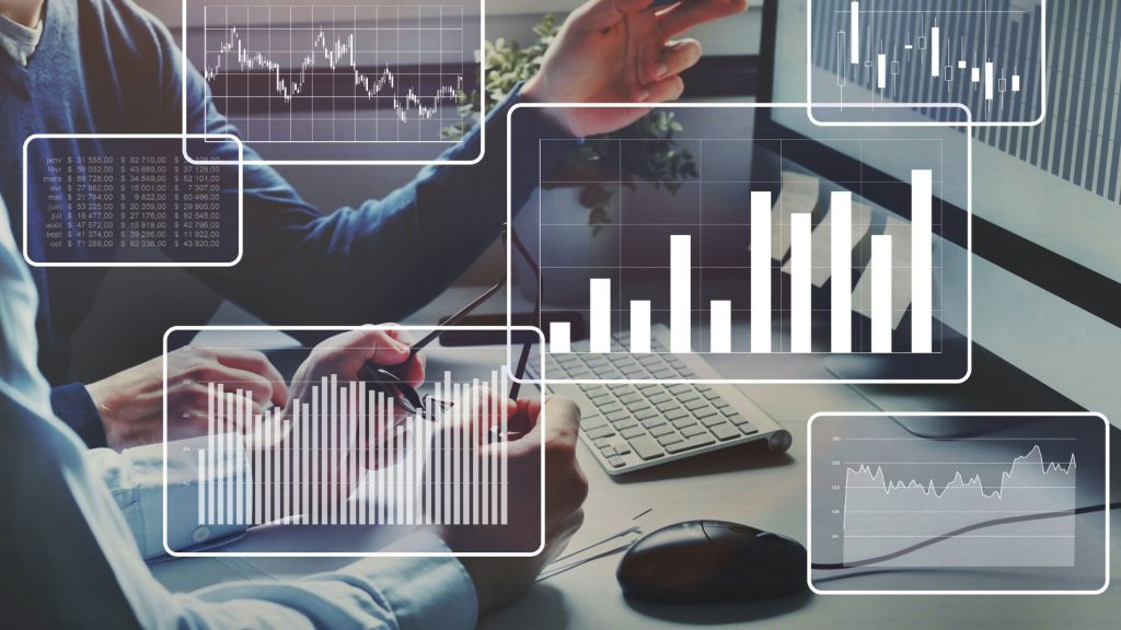digital marketing and two people looking at data analytics.
