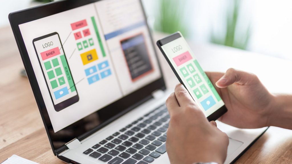 web development wireframe showing responsive on multiple devices